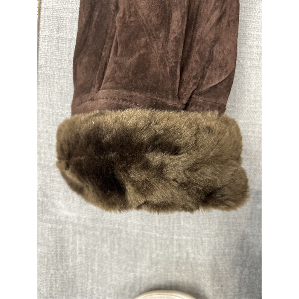 Dennis Basso Leather Coat Faux Fur Trim Dark Brown Button Down Women's – Read - Picture 6 of 13